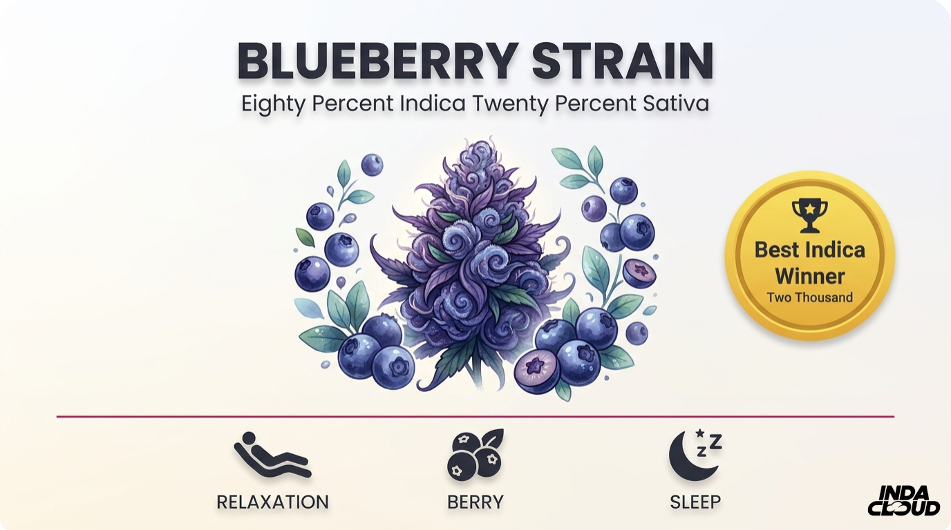 Blueberry strain indica cannabis flower infographic showing eighty percent indica, twenty percent sativa, berry flavor, relaxation effects, and sleep support