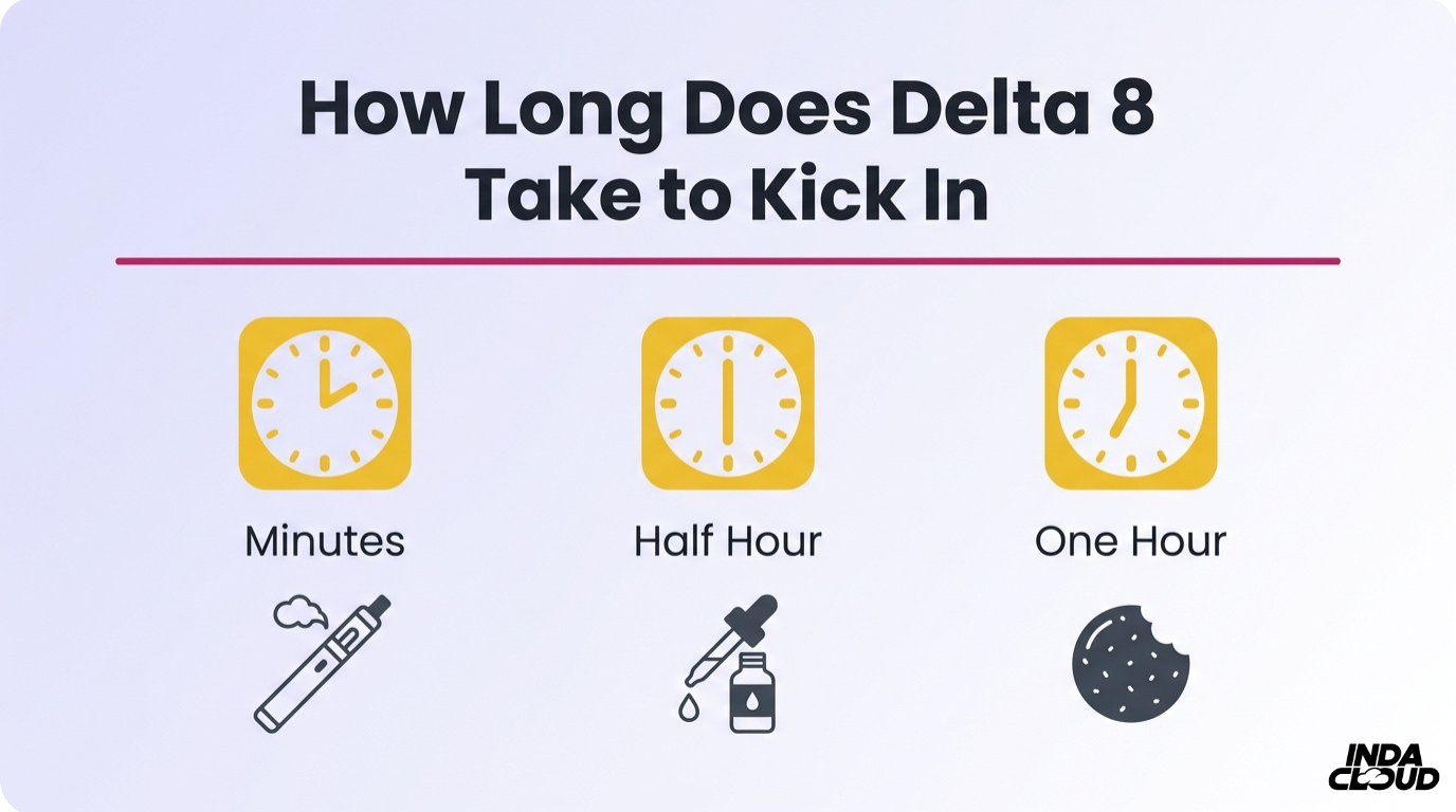 Delta 8 onset time infographic showing how long Delta 8 takes to kick in with vape in minutes, tincture in half an hour, and edibles in one hour