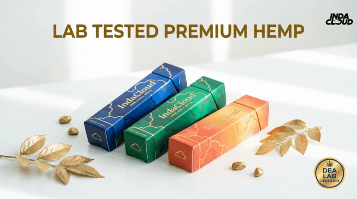 Lab Tested Premium Hemp Pre-Rolls Showing Indacloud Pre-Roll Boxes With Certified Premium Hemp Packaging