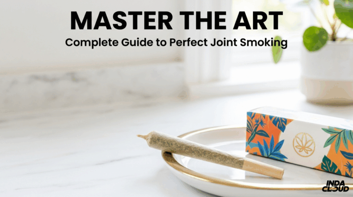 Complete guide to perfect joint smoking showing pre-rolled joint on plate with rolling paper box and master the art title