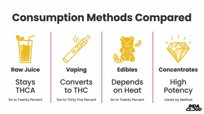 Thca Consumption Methods Comparison Showing Raw Juice, Vaping, Edibles, And Concentrates With Different Heat Activation Effects