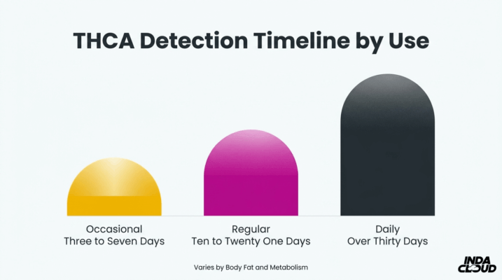 Thca Detection Timeline By Usage Frequency Showing Occasional Use Three To Seven Days, Regular Use Ten To Twenty One Days, And Daily Use Over Thirty Days