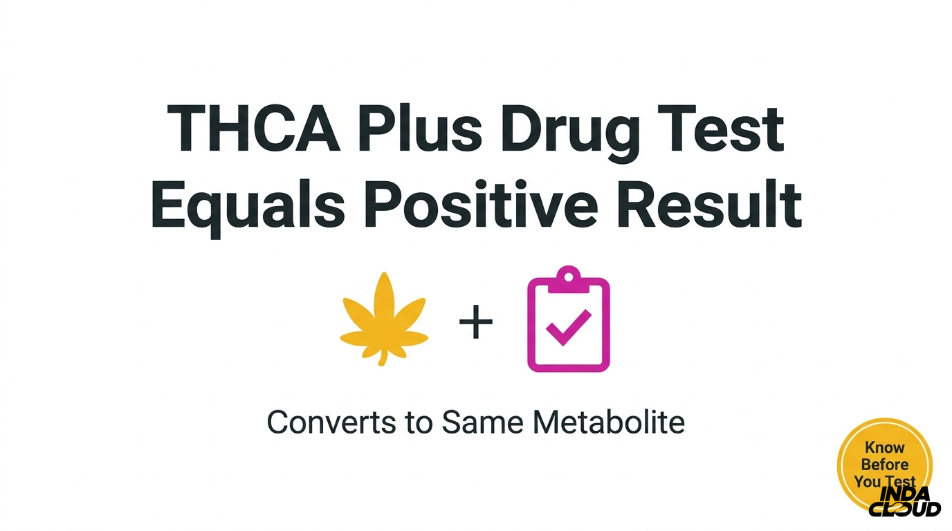 THCA and drug test infographic showing THCA use can result in a positive drug test because it converts to the same THC metabolite