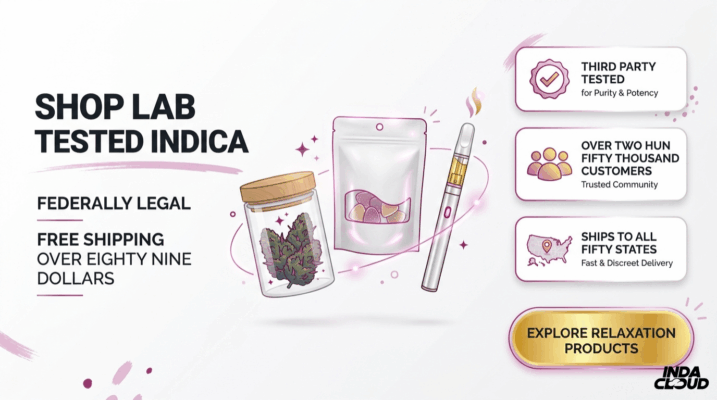 Lab Tested Indica Products Banner Showing Federally Legal Products, Free Shipping Over Eighty Nine Dollars, And Third Party Tested Quality Assurance