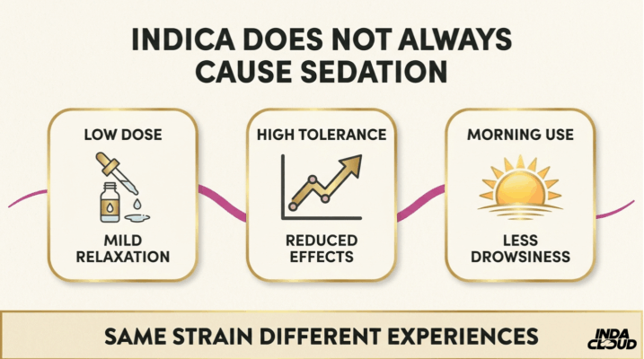 Indica Does Not Always Cause Sedation Chart Showing Low Dose, High Tolerance, And Morning Use Can Reduce Drowsiness