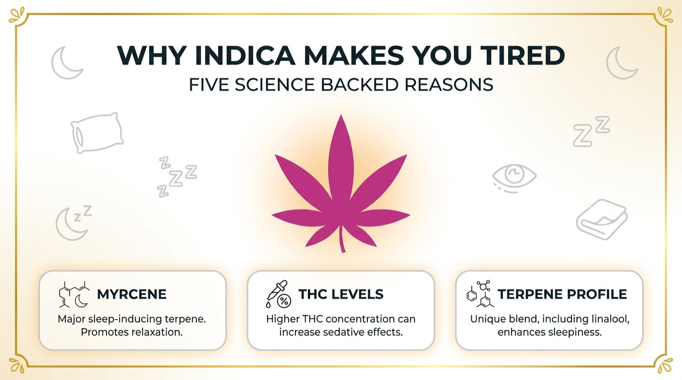 Does Indica Make You Tired? Here Are 5 Reasons For Its Effects 27 Why Indica Makes You Tired Infographic Showing Myrcene, Thc Levels, And Terpene Profile As Science Backed Reasons For Sleepiness