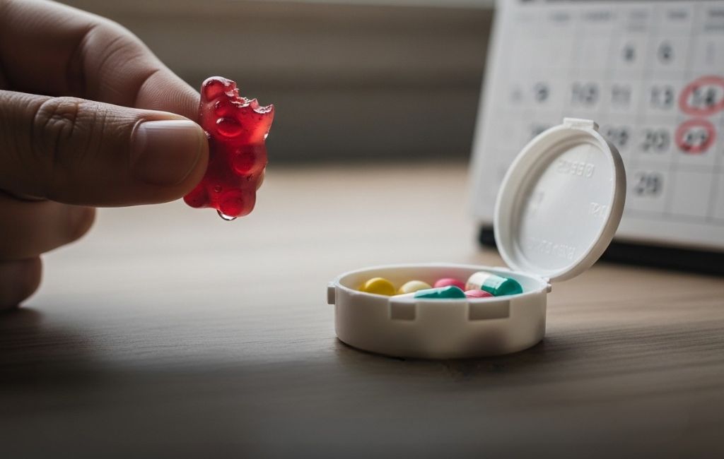A hand holds a red gummy bear with a drop of liquid on it, next to an open pill bottle and a calendar with circled dates, asking if how many days before surgery should i stop taking edibles