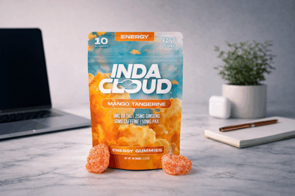 Showing This Image Indacloud Energy Gummies On A Marble Desk