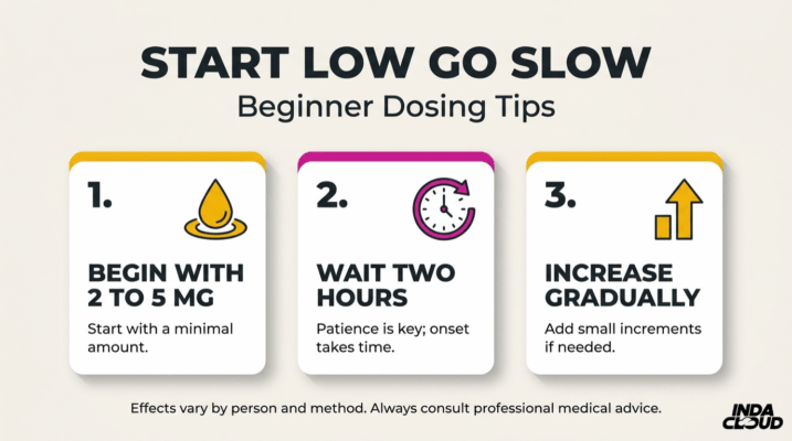 Beginner Thc Dosing Guide Recommending Starting With 2 To 5 Mg, Waiting Two Hours, And Increasing Gradually