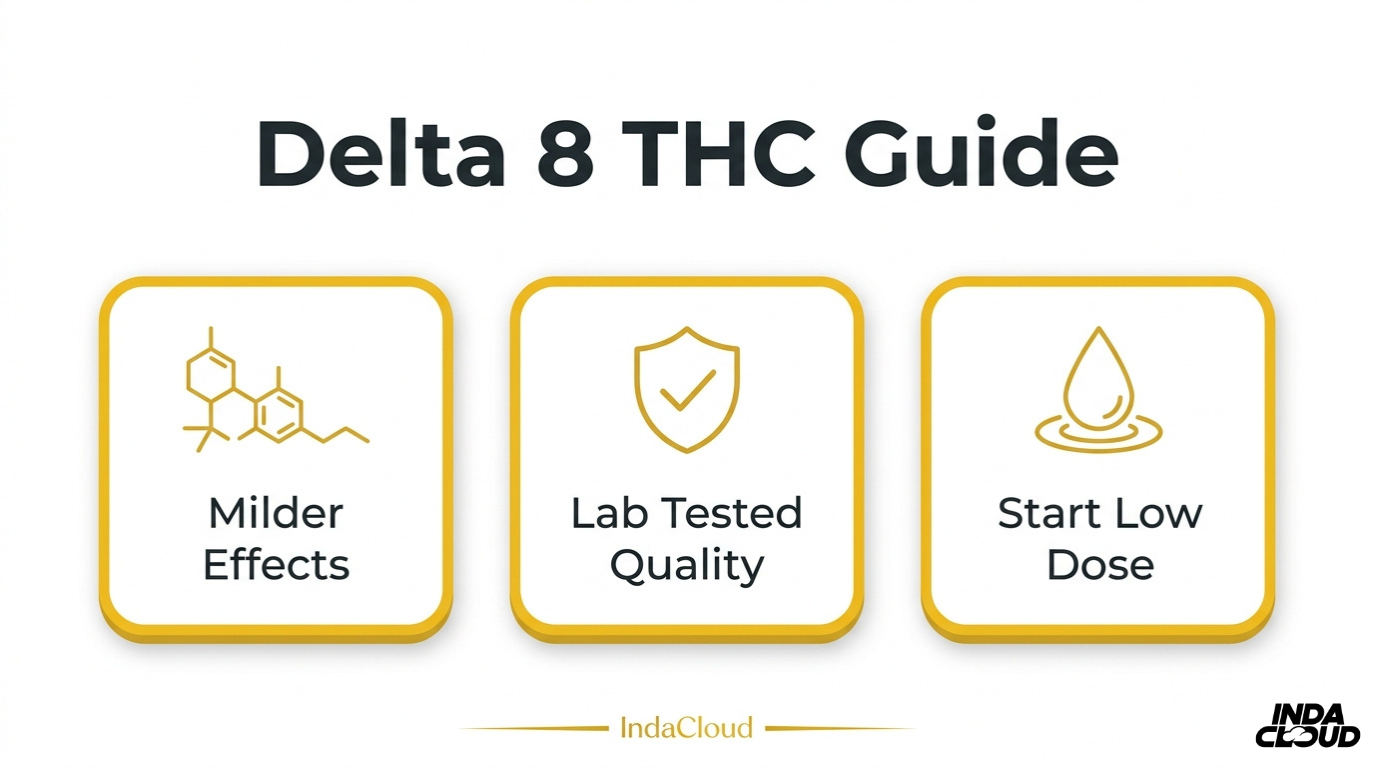 Delta 8 Thc Guide Infographic Showing Milder Effects Lab Tested Quality And Why Beginners Should Always Start With A Low Dose For Safe Use