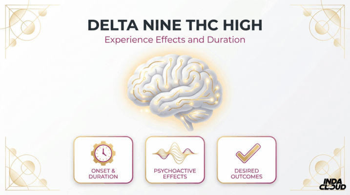 Delta nine THC high infographic showing experience effects and duration with brain illustration highlighting onset and duration, psychoactive effects, and desired outcomes