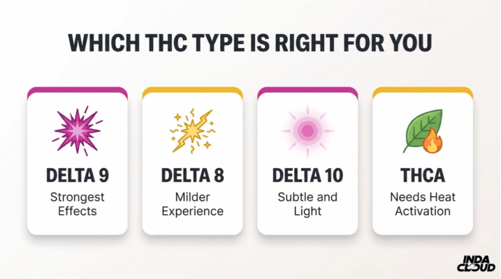 Comparison Guide Of Delta 9, Delta 8, Delta 10, And Thca Showing Strength, Effects, And Activation Differences